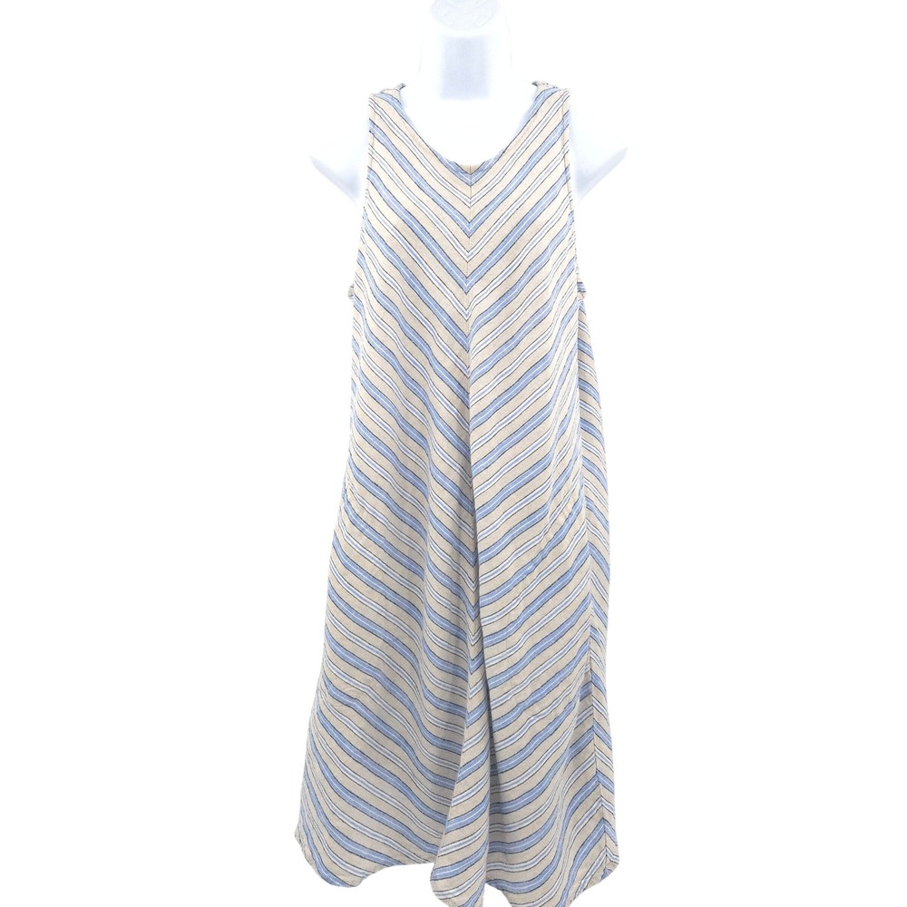 Lands End Linen Midi A-line Dress Womens M 10-12 Blue Beige Striped Sleeveless